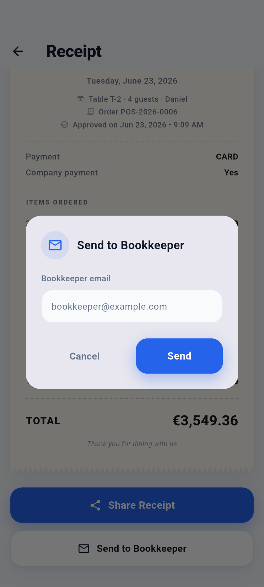 Send to Bookkeeper - Email receipts when you pay